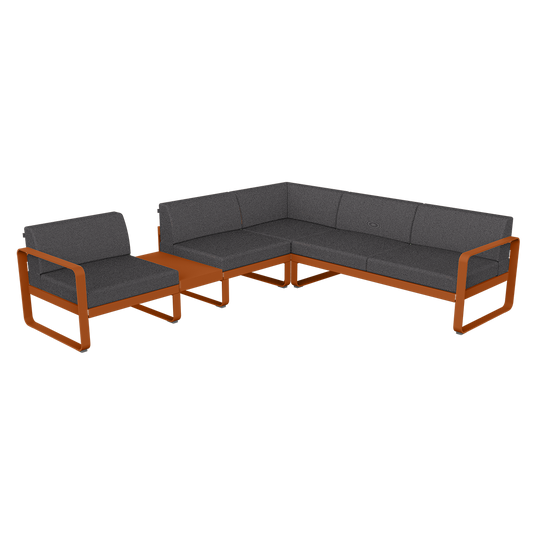 Fermob Bellevie Modular Corner Sofa Composition 3A – Candied Orange frame with Graphite Grey fabric cushions