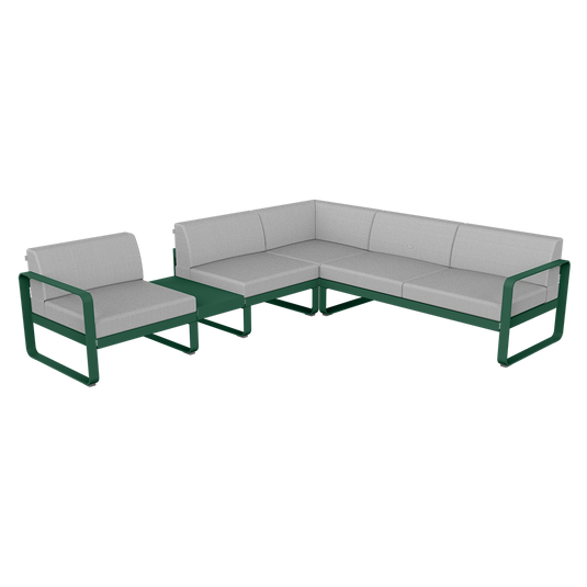 Fermob Bellevie Modular Corner Sofa Composition 3A – Cedar Green frame with Flannel Grey fabric cushions