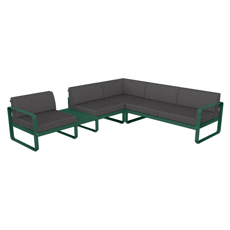 Load image into Gallery viewer, Fermob Bellevie Modular Corner Sofa Composition 3A – Cedar Green frame with Graphite Grey fabric cushions
