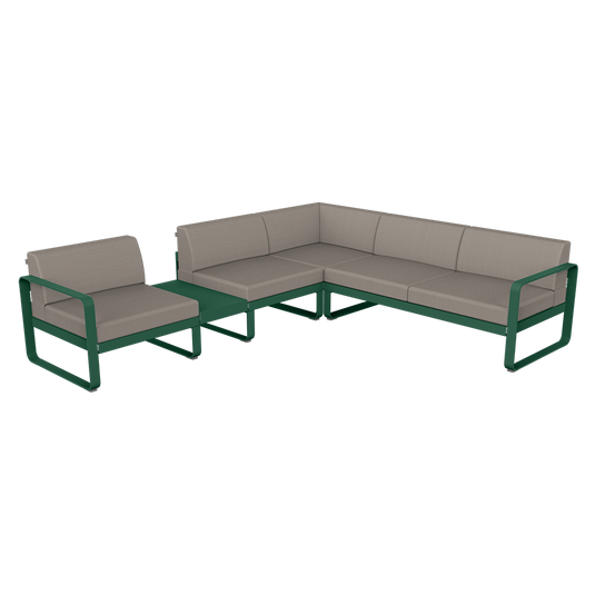 Fermob Bellevie Modular Corner Sofa Composition 3A – Cedar Green frame with Grey Taupe fabric cushions