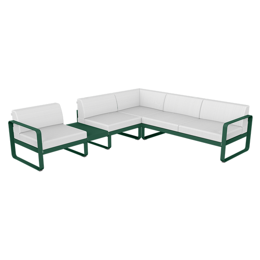 Fermob Bellevie Modular Corner Sofa Composition 3A – Cedar Green frame with Off-White fabric cushions