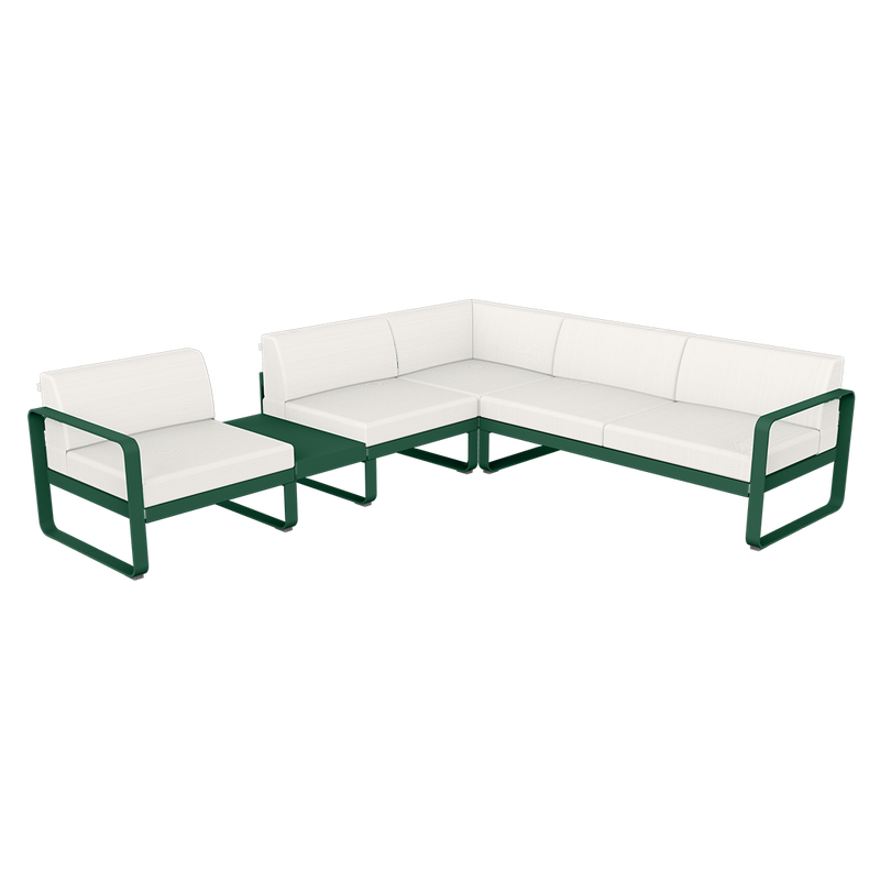 Load image into Gallery viewer, Fermob Bellevie Modular Corner Sofa Composition 3A – Cedar Green frame with Pearl fabric cushions
