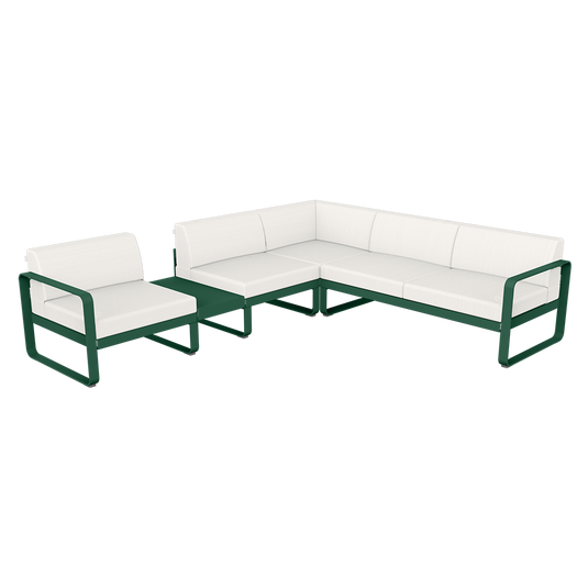 Fermob Bellevie Modular Corner Sofa Composition 3A – Cedar Green frame with Pearl fabric cushions