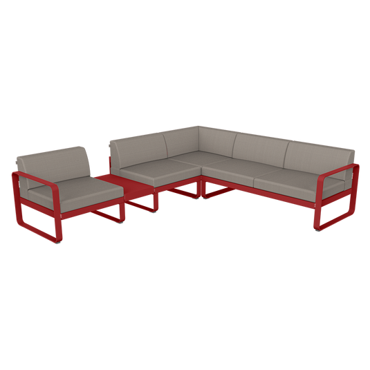Fermob Bellevie Modular Corner Sofa Composition 3A – Chilli frame with Grey Taupe fabric cushions