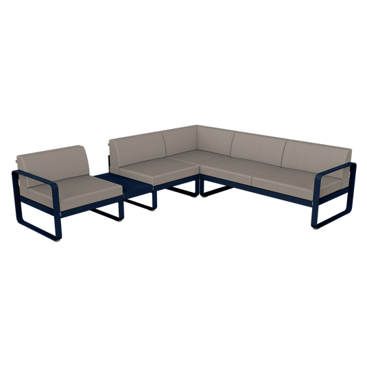 Fermob Bellevie Modular Corner Sofa Composition 3A – Deep Blue frame with Grey Taupe fabric cushions