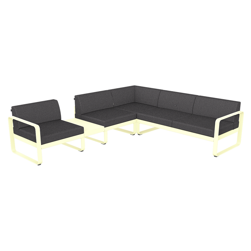 Load image into Gallery viewer, Fermob Bellevie Modular Corner Sofa Composition 3A – Frosted Lemon frame with Graphite Grey fabric cushions
