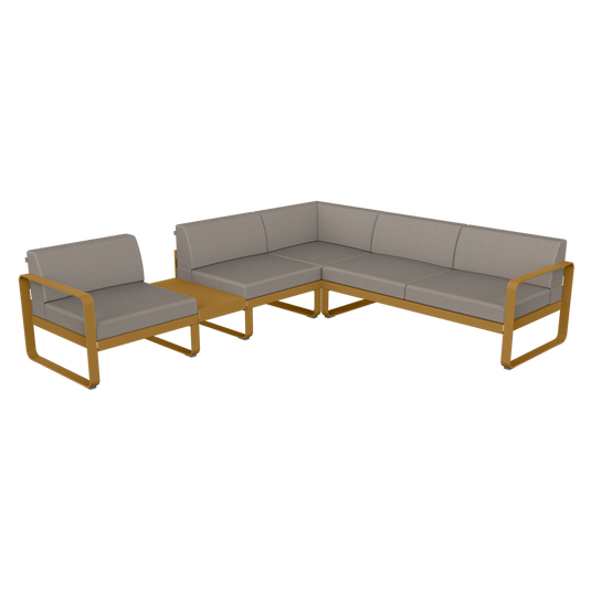 Fermob Bellevie Modular Corner Sofa Composition 3A – Gingerbread frame with Grey Taupe fabric cushions