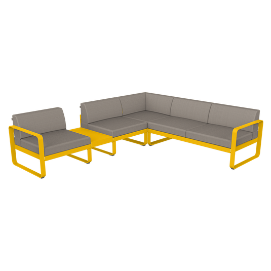 Fermob Bellevie Modular Corner Sofa Composition 3A – Honey frame with Grey Taupe fabric cushions