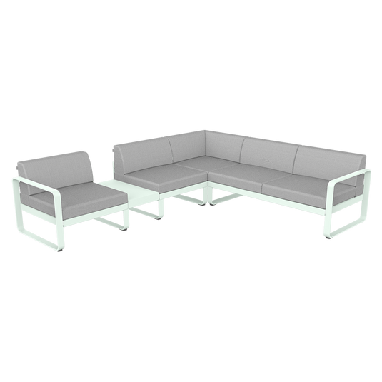 Fermob Bellevie Modular Corner Sofa Composition 3A – Ice Mint frame with Flannel Grey fabric cushions