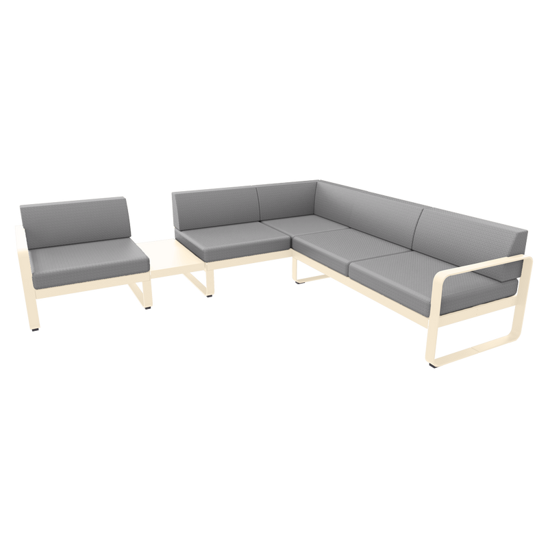 Load image into Gallery viewer, Fermob Bellevie Modular Corner Sofa Composition 3A – Latte Beige frame with Flannel Grey fabric cushions

