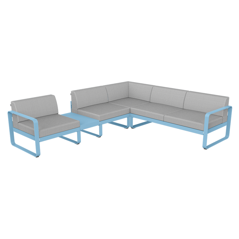 Load image into Gallery viewer, Fermob Bellevie Modular Corner Sofa Composition 3A – Maya Blue frame with Flannel Grey fabric cushions
