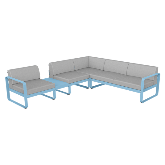 Fermob Bellevie Modular Corner Sofa Composition 3A – Maya Blue frame with Flannel Grey fabric cushions