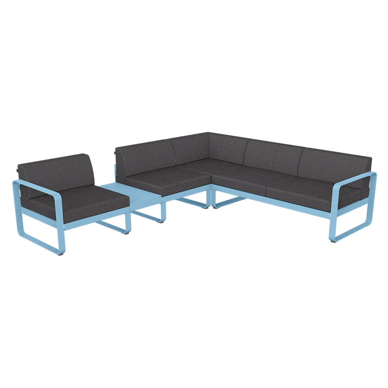 Load image into Gallery viewer, Fermob Bellevie Modular Corner Sofa Composition 3A – Maya Blue frame with Graphite Grey fabric cushions
