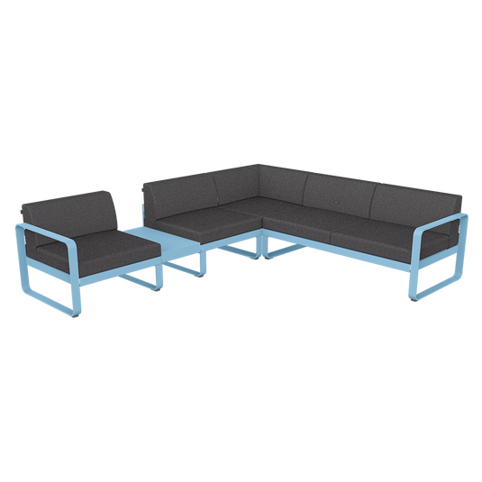 Fermob Bellevie Modular Corner Sofa Composition 3A – Maya Blue frame with Graphite Grey fabric cushions
