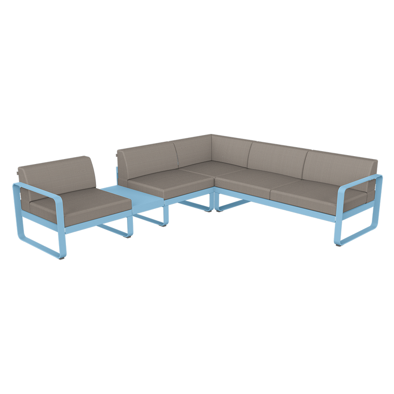 Load image into Gallery viewer, Fermob Bellevie Modular Corner Sofa Composition 3A – Maya Blue frame with Grey Taupe fabric cushions
