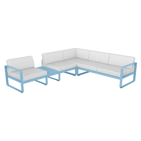 Fermob Bellevie Modular Corner Sofa Composition 3A – Maya Blue frame with Off-White fabric cushions