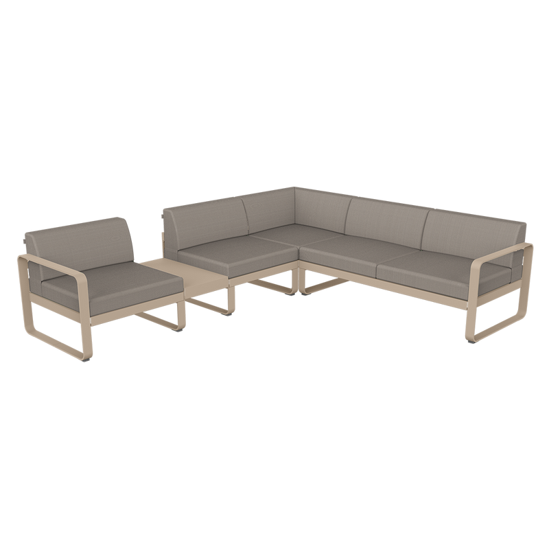 Load image into Gallery viewer, Fermob Bellevie Modular Corner Sofa Composition 3A – Nutmeg frame with Grey Taupe fabric cushions
