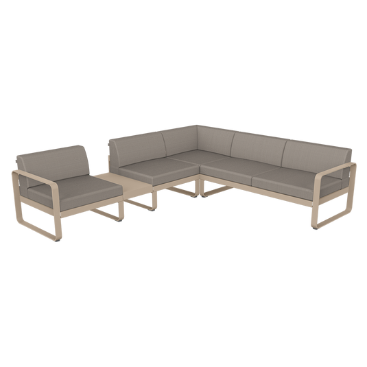 Fermob Bellevie Modular Corner Sofa Composition 3A – Nutmeg frame with Grey Taupe fabric cushions