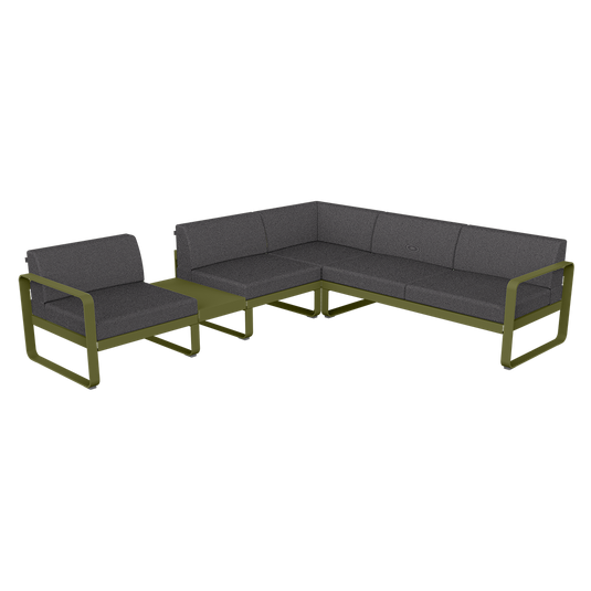 Fermob Bellevie Modular Corner Sofa Composition 3A – Pesto Green frame with Graphite Grey fabric cushions