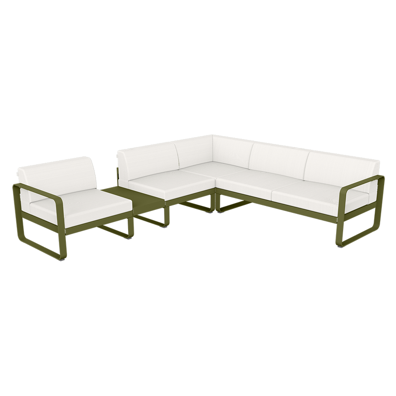 Load image into Gallery viewer, Fermob Bellevie Modular Corner Sofa Composition 3A – Pesto Green frame with Pearl fabric cushions
