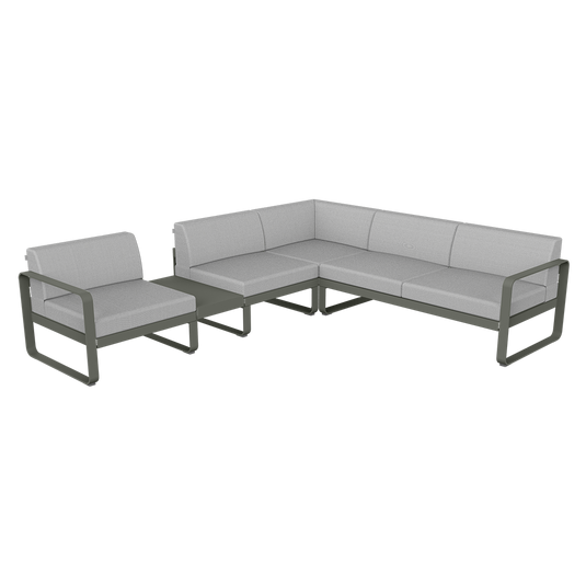 Fermob Bellevie Modular Corner Sofa Composition 3A – Rosemary frame with Flannel Grey fabric cushions