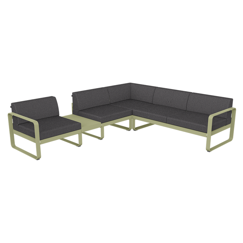 Load image into Gallery viewer, Fermob Bellevie Modular Corner Sofa Composition 3A – Willow Green frame with Graphite Grey fabric cushions
