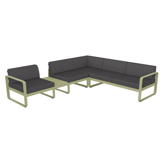 Fermob Bellevie Modular Corner Sofa Composition 3A – Willow Green frame with Graphite Grey fabric cushions