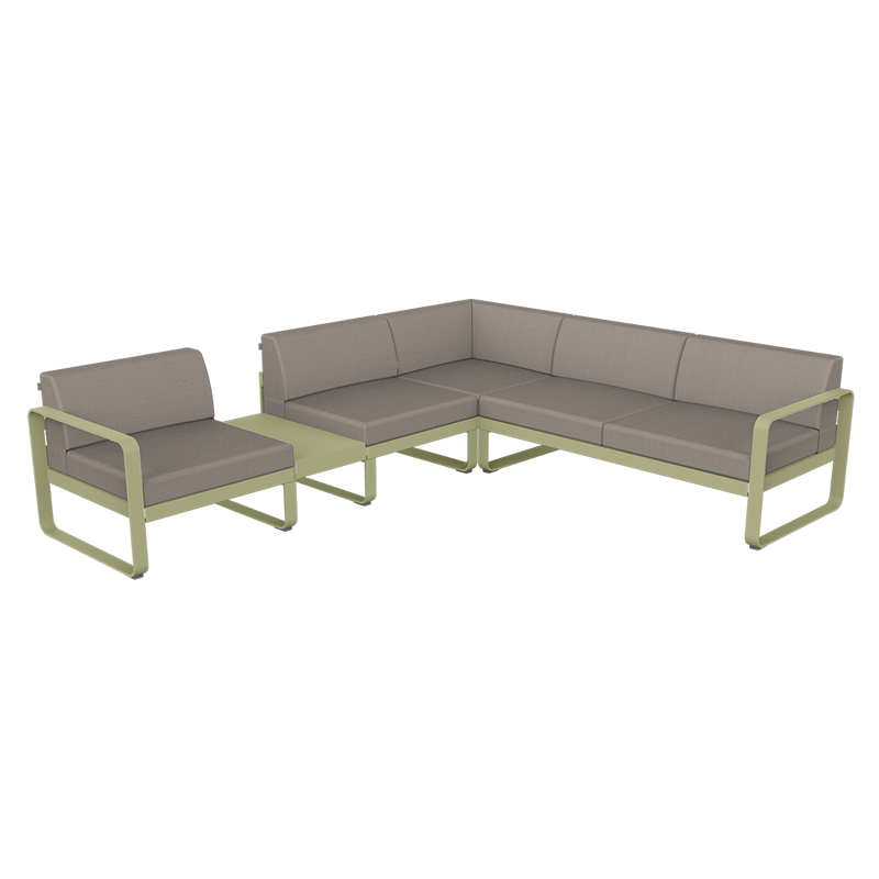 Load image into Gallery viewer, Fermob Bellevie Modular Corner Sofa Composition 3A – Willow Green frame with Grey Taupe fabric cushions
