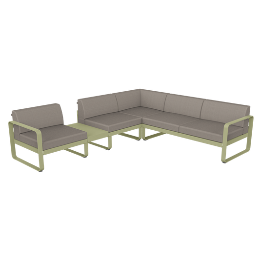 Fermob Bellevie Modular Corner Sofa Composition 3A – Willow Green frame with Grey Taupe fabric cushions