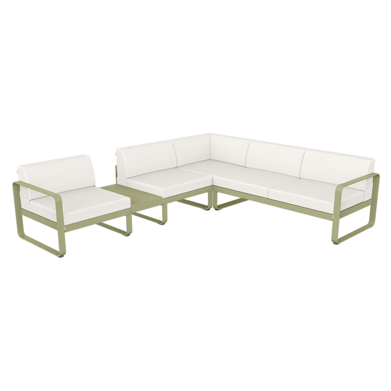 Load image into Gallery viewer, Fermob Bellevie Modular Corner Sofa Composition 3A – Willow Green frame with Pearl fabric cushions
