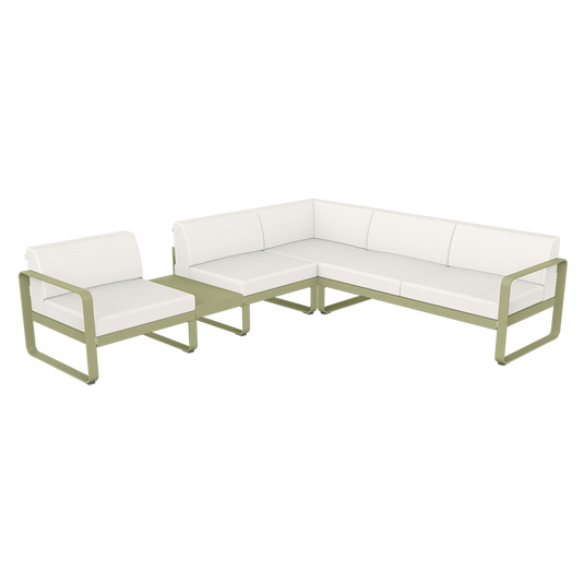Fermob Bellevie Modular Corner Sofa Composition 3A – Willow Green frame with Pearl fabric cushions