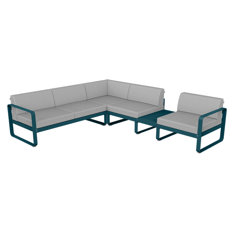 Load image into Gallery viewer, Fermob Bellevie Modular Corner Sofa Composition 3B – Acapulco Blue frame with Flannel Grey fabric cushions
