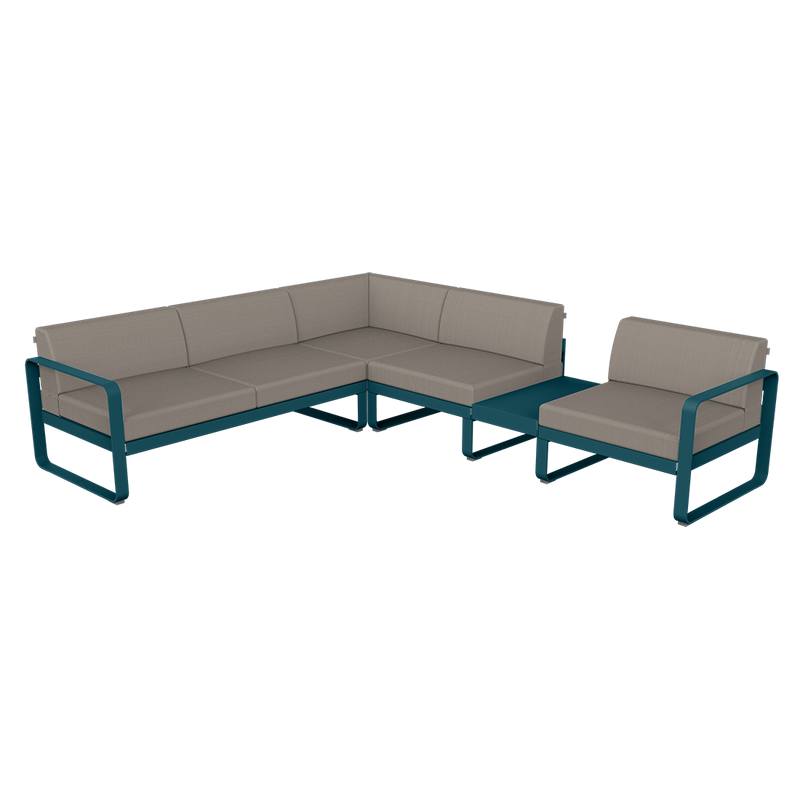 Load image into Gallery viewer, Fermob Bellevie Modular Corner Sofa Composition 3B – Acapulco Blue frame with Grey Taupe fabric cushions

