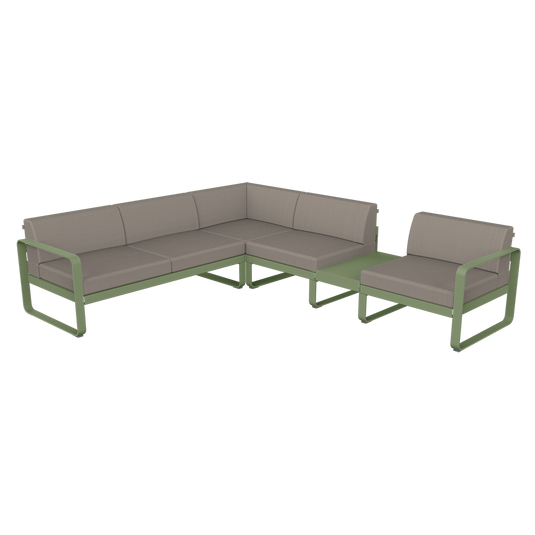 Fermob Bellevie Modular Corner Sofa Composition 3B – Cactus frame with Grey Taupe fabric cushions