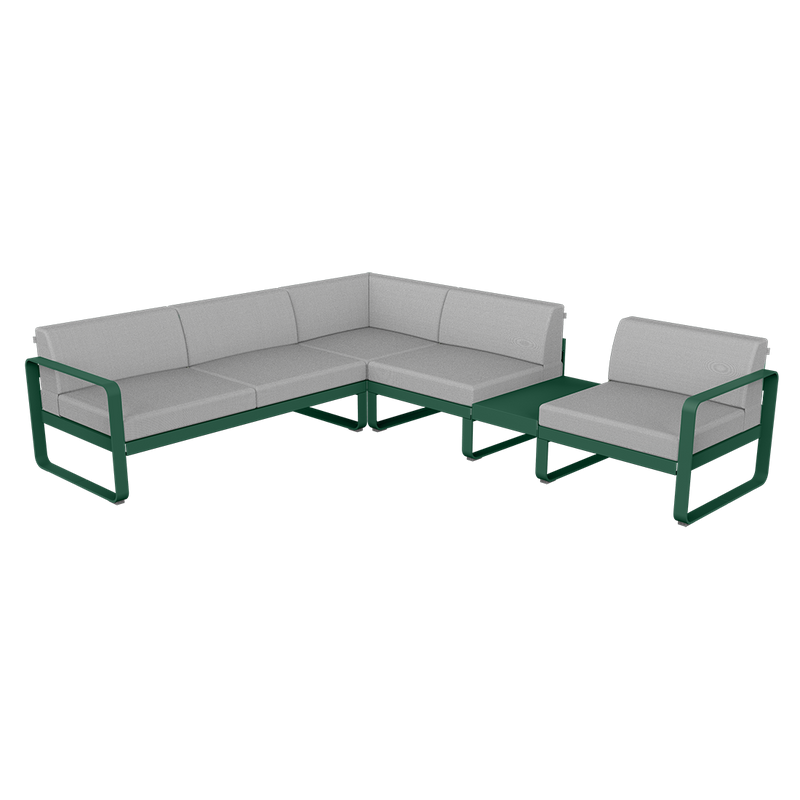 Load image into Gallery viewer, Fermob Bellevie Modular Corner Sofa Composition 3B – Cedar Green frame with Flannel Grey fabric cushions
