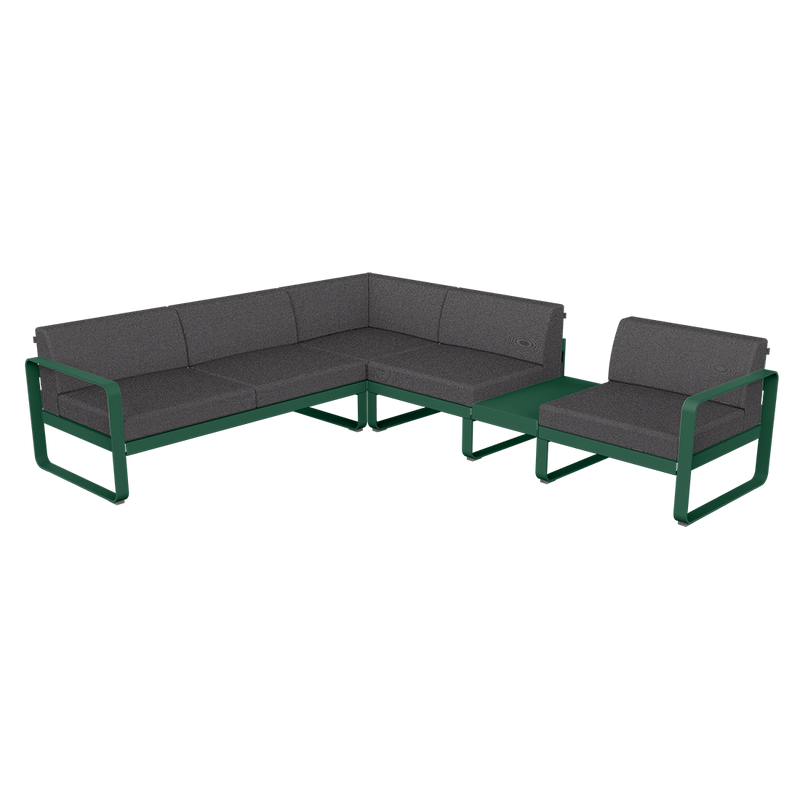 Load image into Gallery viewer, Fermob Bellevie Modular Corner Sofa Composition 3B – Cedar Green frame with Graphite Grey fabric cushions
