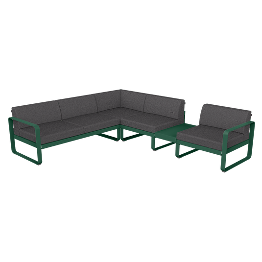 Fermob Bellevie Modular Corner Sofa Composition 3B – Cedar Green frame with Graphite Grey fabric cushions