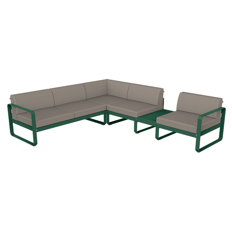 Load image into Gallery viewer, Fermob Bellevie Modular Corner Sofa Composition 3B – Cedar Green frame with Grey Taupe fabric cushions
