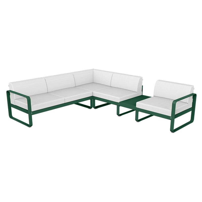 Load image into Gallery viewer, Fermob Bellevie Modular Corner Sofa Composition 3B – Cedar Green frame with Off-White fabric cushions
