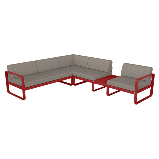 Fermob Bellevie Modular Corner Sofa Composition 3B – Chilli frame with Grey Taupe fabric cushions