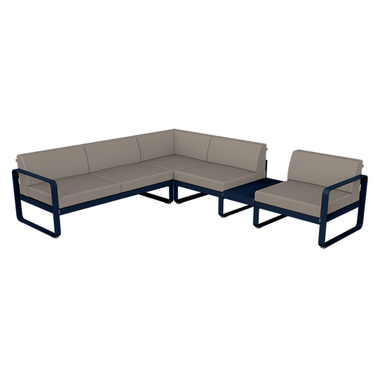 Fermob Bellevie Modular Corner Sofa Composition 3B – Deep Blue frame with Grey Taupe fabric cushions