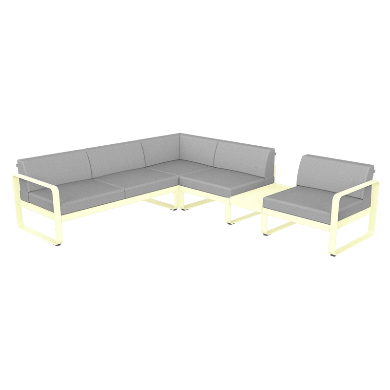 Load image into Gallery viewer, Fermob Bellevie Modular Corner Sofa Composition 3B – Frosted Lemon frame with Flannel Grey fabric cushions
