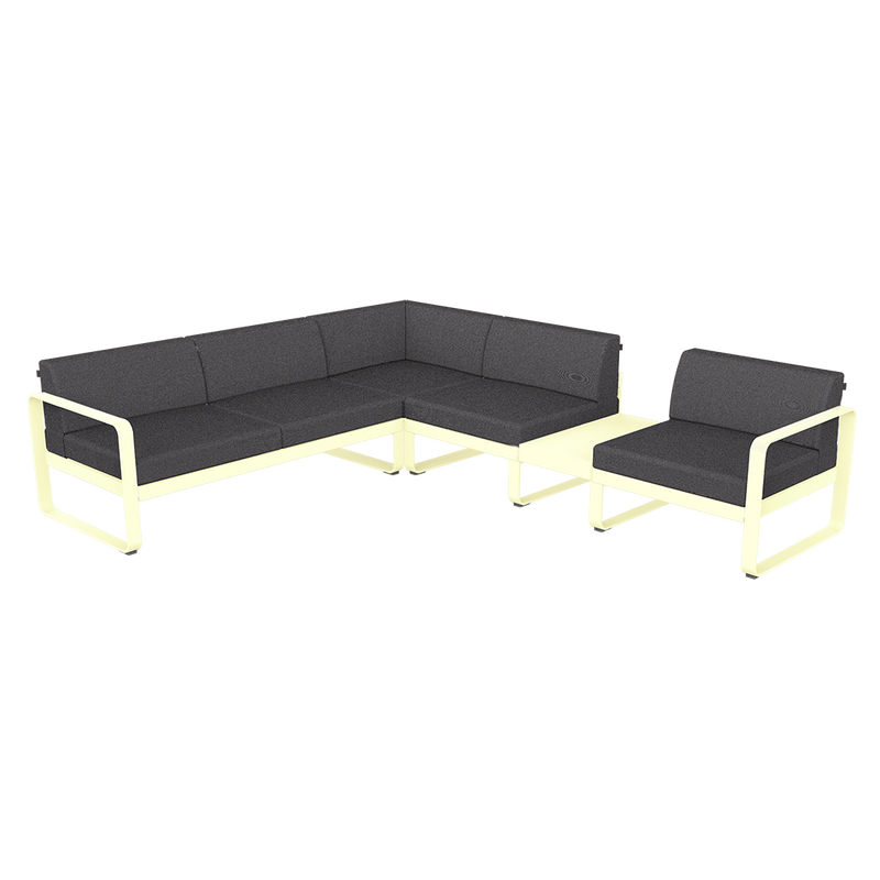 Load image into Gallery viewer, Fermob Bellevie Modular Corner Sofa Composition 3B – Frosted Lemon frame with Graphite Grey fabric cushions
