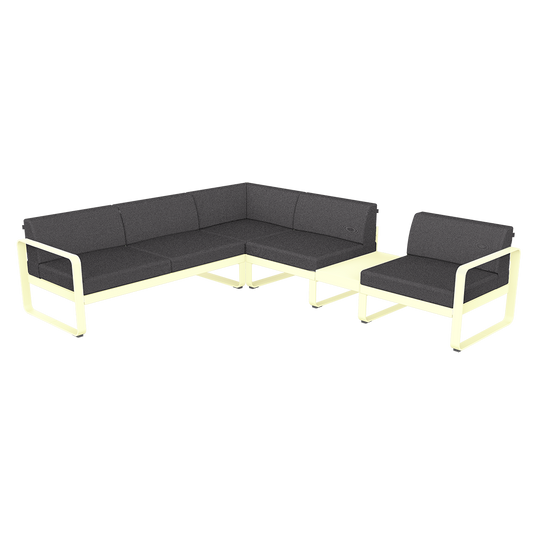 Fermob Bellevie Modular Corner Sofa Composition 3B – Frosted Lemon frame with Graphite Grey fabric cushions