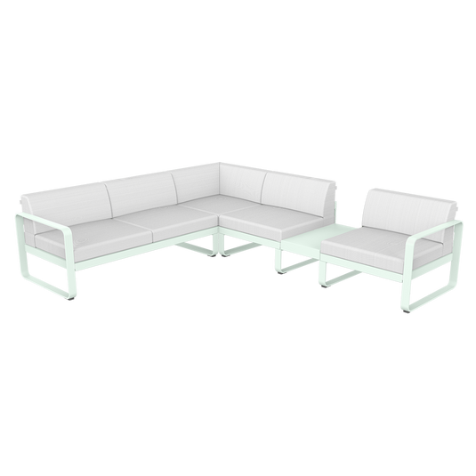 Fermob Bellevie Modular Corner Sofa Composition 3B – Ice Mint frame with Off-White fabric cushions