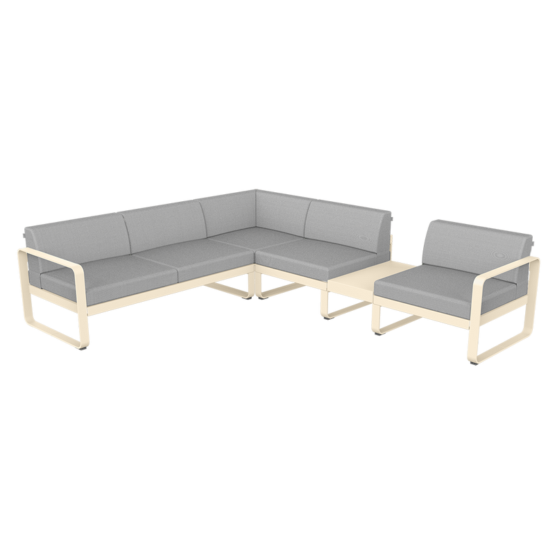 Load image into Gallery viewer, Fermob Bellevie Modular Corner Sofa Composition 3B – Latte Beige frame with Flannel Grey fabric cushions
