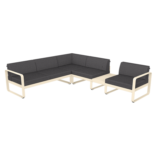 Fermob Bellevie Modular Corner Sofa Composition 3B – Latte Beige frame with Graphite Grey fabric cushions
