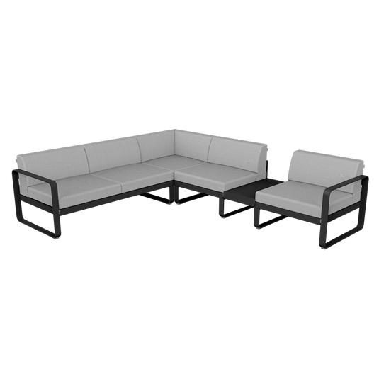 Fermob Bellevie Modular Corner Sofa Composition 3B – Liquorice frame with Flannel Grey fabric cushions