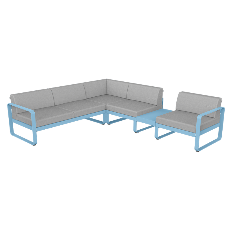 Load image into Gallery viewer, Fermob Bellevie Modular Corner Sofa Composition 3B – Maya Blue frame with Flannel Grey fabric cushions
