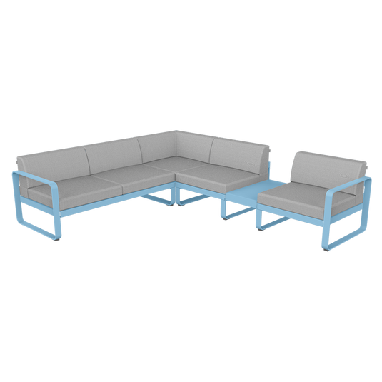 Fermob Bellevie Modular Corner Sofa Composition 3B – Maya Blue frame with Flannel Grey fabric cushions